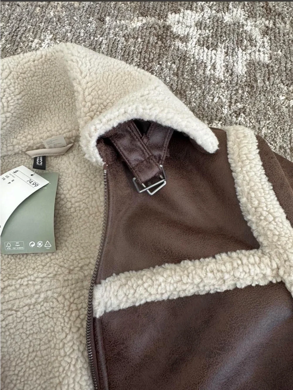 H&M Brown Faux Leather Teddy Jacket with Cream Sherpa Trim